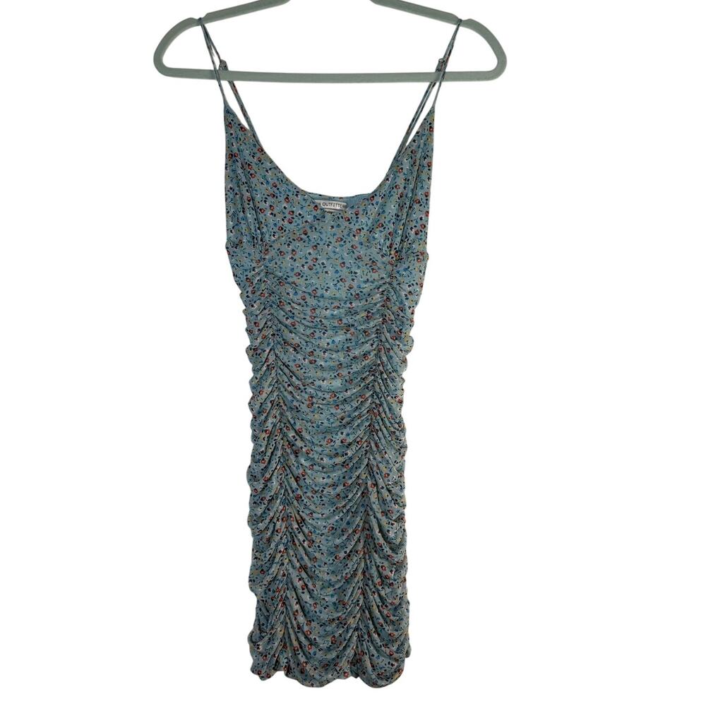 Urban Outfitters Blue Floral Ruched Mesh Cowl Neck Bodycon Mini Sundress Small